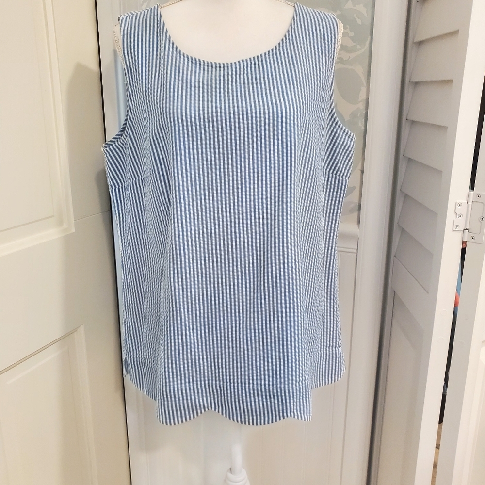 Talbots Searsucker Blue-White Striped Sleeveless Blouse Size Large
